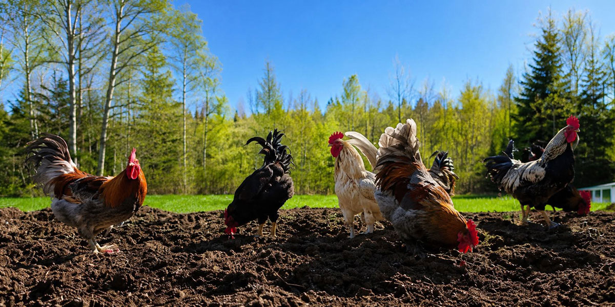 Five roosters scratching in the dirt.